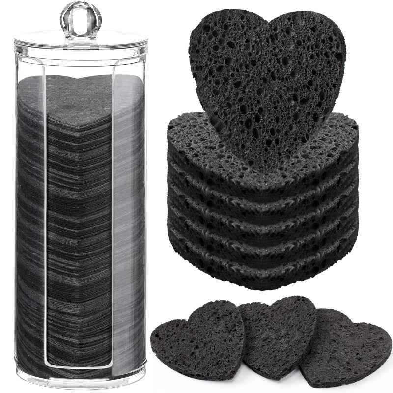 Sieral 120 Pcs Compressed Facial Sponges with Container Disposable Face Sponge Pads for Washing Face Cleansing Exfoliating Esthetician Makeup RemovalHeartBlack
